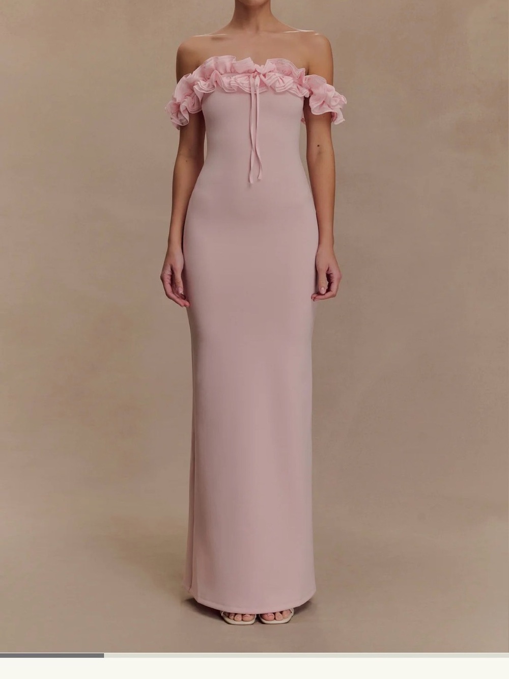 Meshki Nova Off-Shoulder Ruffle Trim Pink Evening Gown